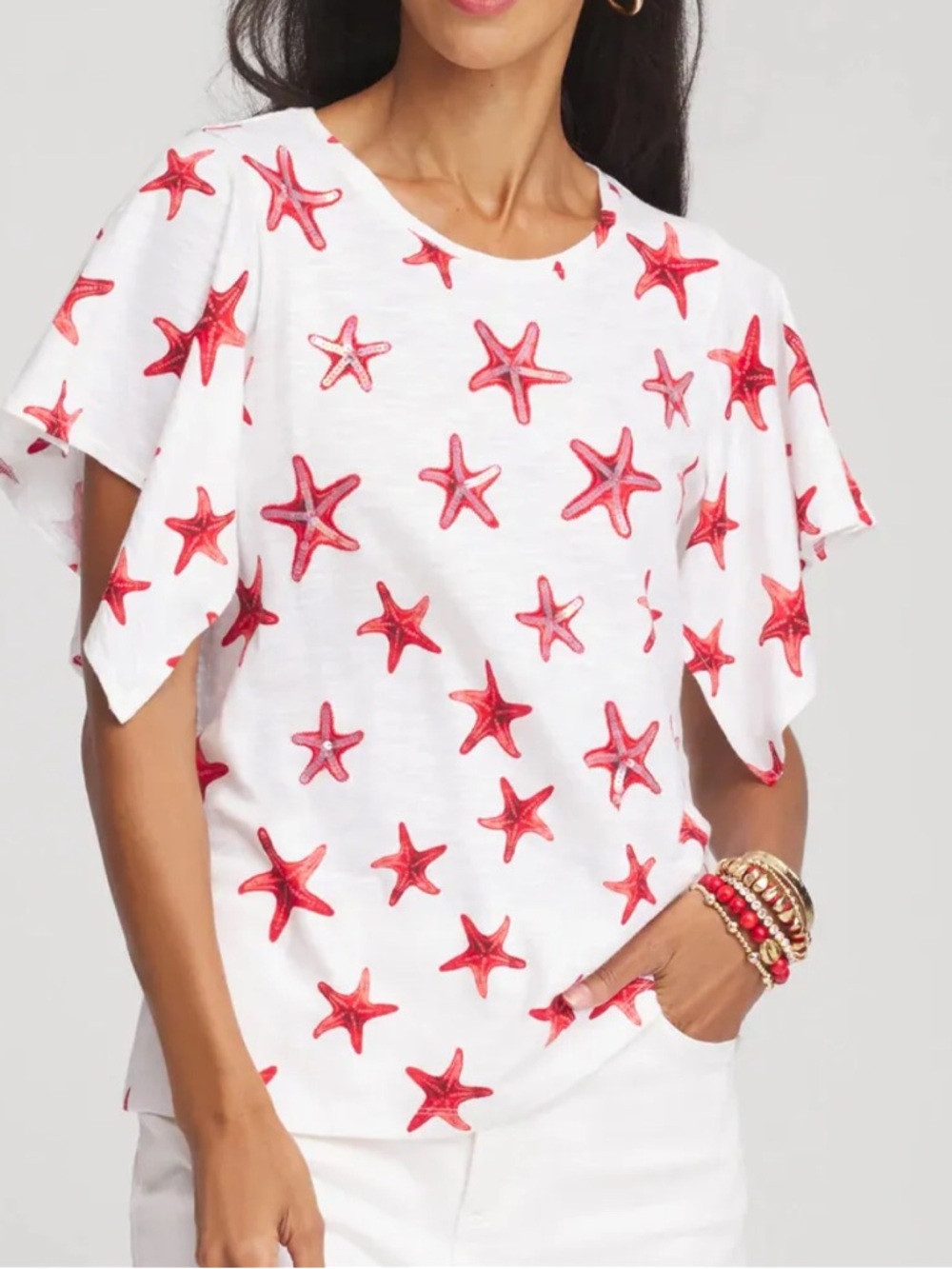 Chico’s Sequined Starfish handkerchief sleeves slub tee size M EUC red white